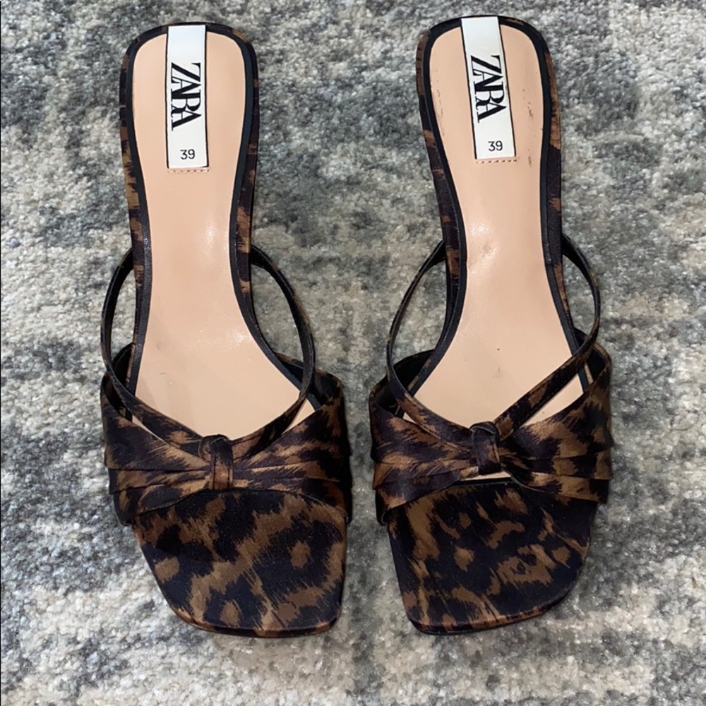 Zara Cheetah Satin Kitten Heel Sandals